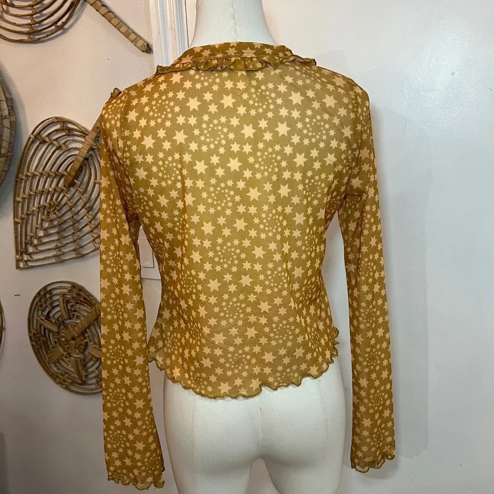 Free People Mustard Sheer Mesh Marne Top Star Print Ruffle Tie Front XS